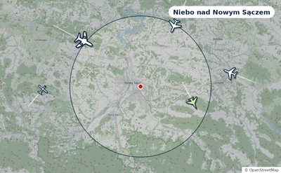 Mapa okolic miasta z sylwetkami samolotów — Niebo nad Nowym Sączem